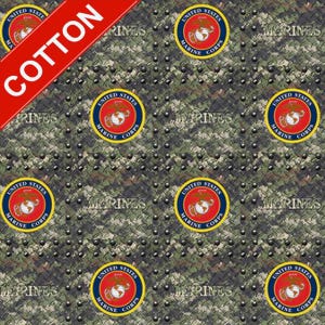 US Marines Military Cotton Fabric - 44&quot; Wide - 100% Cotton - Sold by The Yard - for Veterans, Crafting, Quilting, Banners, Flags, Bandanas
