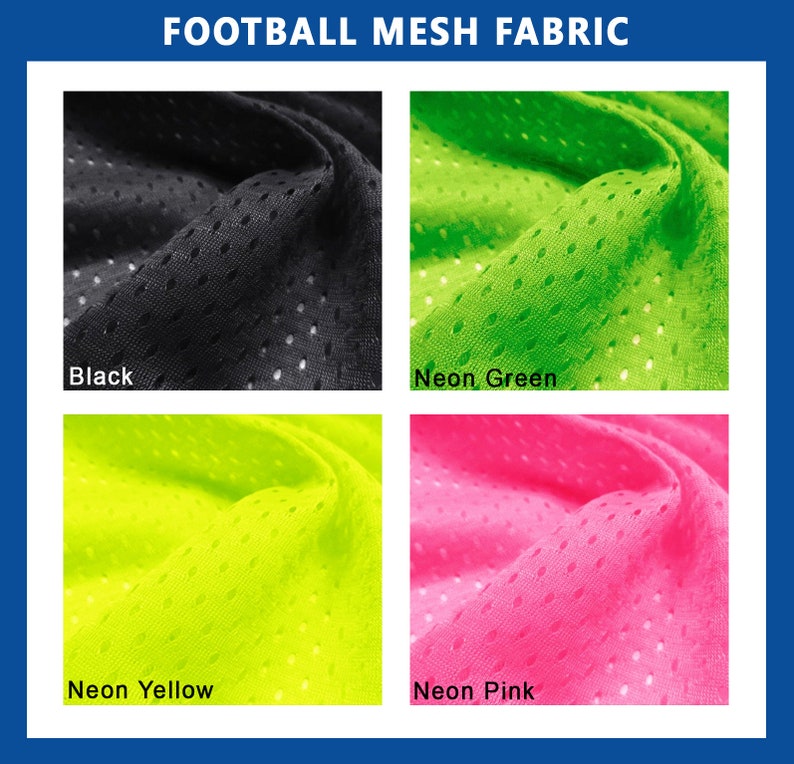 May include: Four swatches of football mesh fabric in different colors: black, neon green, neon yellow, and neon pink.