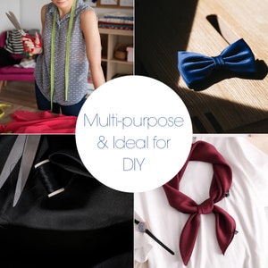May include: A collage of images showing different ways to use a silk scarf. The images show a woman holding a red fabric, a blue bow tie, a black fabric with scissors and thread, and a burgundy scarf tied around a white shirt. The text "Multi-purpose & Ideal for DIY" is in the center of the collage.