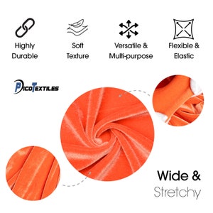 May include: Close-up of a bright orange velvet fabric. The fabric is soft, stretchy, and has a smooth texture. The fabric is shown in a variety of folds and wrinkles, highlighting its flexibility. The text "Wide & Stretchy" is visible in the bottom right corner of the image.