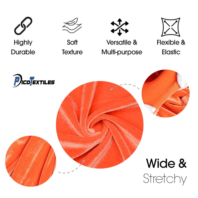 May include: Close-up of a bright orange velvet fabric. The fabric is soft, stretchy, and has a smooth texture. The fabric is shown in a variety of folds and wrinkles, highlighting its flexibility. The text "Wide & Stretchy" is visible in the bottom right corner of the image.