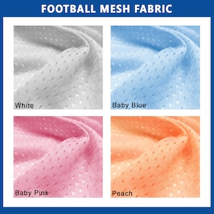 May include: Four swatches of football mesh fabric in different colors: white, baby blue, baby pink, and peach.