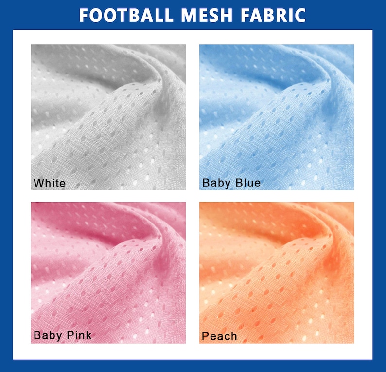 May include: Four swatches of football mesh fabric in different colors: white, baby blue, baby pink, and peach.