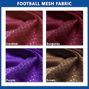 May include: Four swatches of football mesh fabric in different colors: cardinal red, burgundy, purple, and brown.