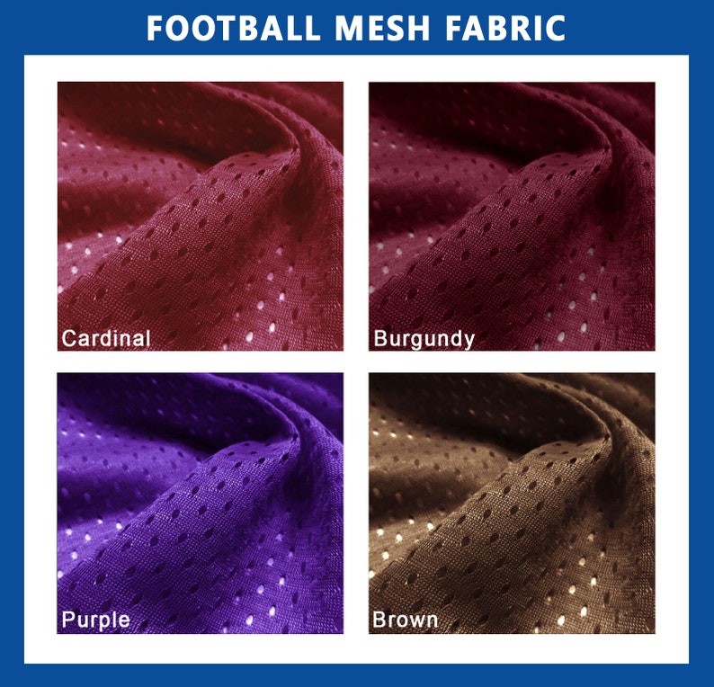 May include: Four swatches of football mesh fabric in different colors: cardinal red, burgundy, purple, and brown.