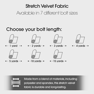 May include: A diagram showing different bolt lengths for stretch velvet fabric. The fabric is made from a blend of polyester and spandex. The lengths are 1 yard, 2 yards, 3 yards, 4 yards, 5 yards, 10 yards, and 15 yards.
