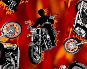 Flaming Motorcycles Print Fleece Fabric - Sold by the Yard & Bolt - Ideal for Sewing Projects, Scarves, No Sew Fleece Throws, Tie Blankets