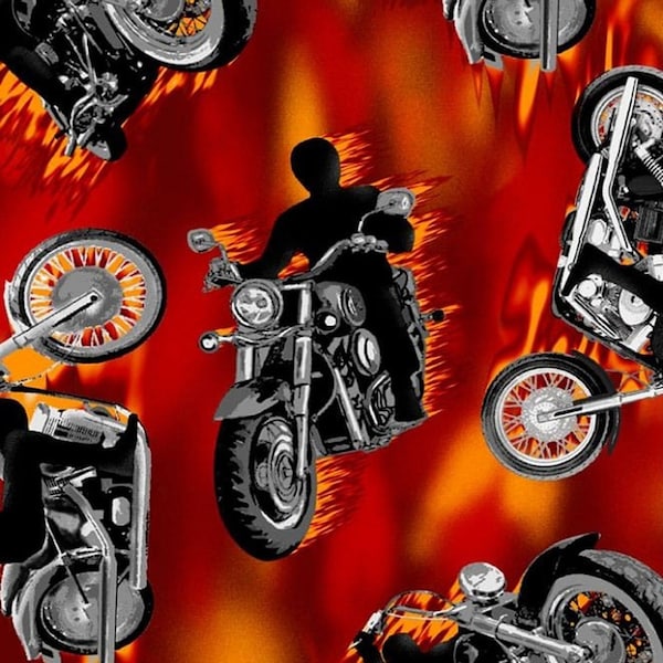 Flaming Motorcycles Print Fleece Fabric - Sold by the Yard & Bolt - Ideal for Sewing Projects, Scarves, No Sew Fleece Throws, Tie Blankets