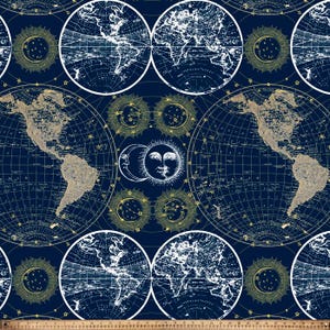 May include: A dark blue fabric featuring a repeating pattern of white and gold world maps, celestial suns, and crescent moons. The design includes detailed spherical globe projections and radiating star motifs arranged in a structured grid layout.
