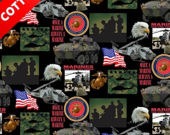 US Marines Military Cotton Fabric - 44" Wide - 100% Cotton - Sold by The Yard - for Veterans, Crafting, Quilting, Banners, Flags, Bandanas