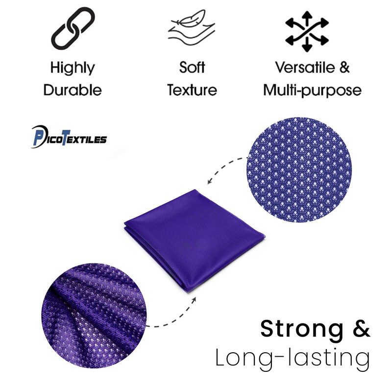 Puede incluir: Una muestra de tela morada con un patr&oacute;n texturizado de malla. La tela se describe como altamente duradera, suave, vers&aacute;til y fuerte. El texto "PICOTEXTILES" es visible en la imagen.
