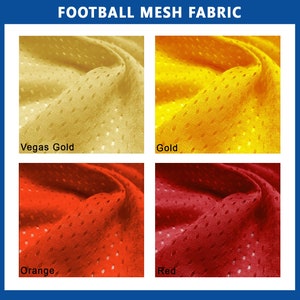 May include: Four swatches of football mesh fabric in different colors: Vegas Gold, Gold, Orange, and Red. The fabric has a diamond-shaped mesh pattern.
