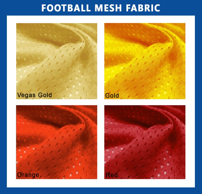 May include: Four swatches of football mesh fabric in different colors: Vegas Gold, Gold, Orange, and Red. The fabric has a diamond-shaped mesh pattern.