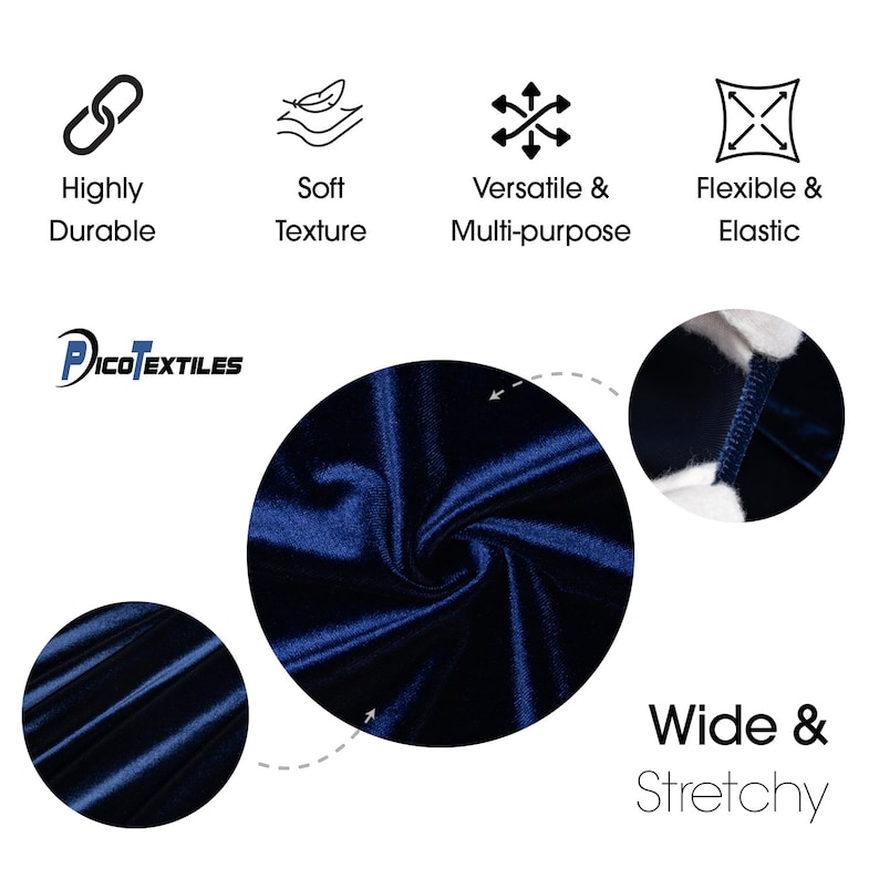 May include: Close-up of a dark blue velvet fabric. The fabric is soft, stretchy, and has a smooth texture. The fabric is shown in different folds and angles to highlight its flexibility and drape.