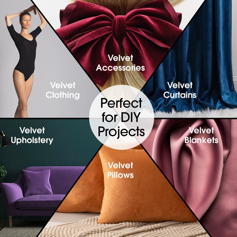 May include: A collage of different velvet items, including clothing, accessories, curtains, upholstery, pillows, and blankets. The text "Perfect for DIY Projects" is in the center of the image.