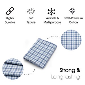 May include: A folded blue and white plaid fabric. The image includes icons indicating the fabric is highly durable, soft, versatile, and made of 100% premium cotton. Text on the image reads "Strong & Long-lasting."