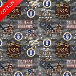 US Air Force Military Cotton Fabric - 44&quot; Wide - 100% Cotton - Sold by The Yard - for Veterans, Crafting, Quilting, Banners, Flags, Bandanas