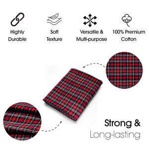 May include: Red and black plaid fabric with a soft texture. The fabric is durable and versatile, making it ideal for a variety of projects. It is made from 100% premium cotton.
