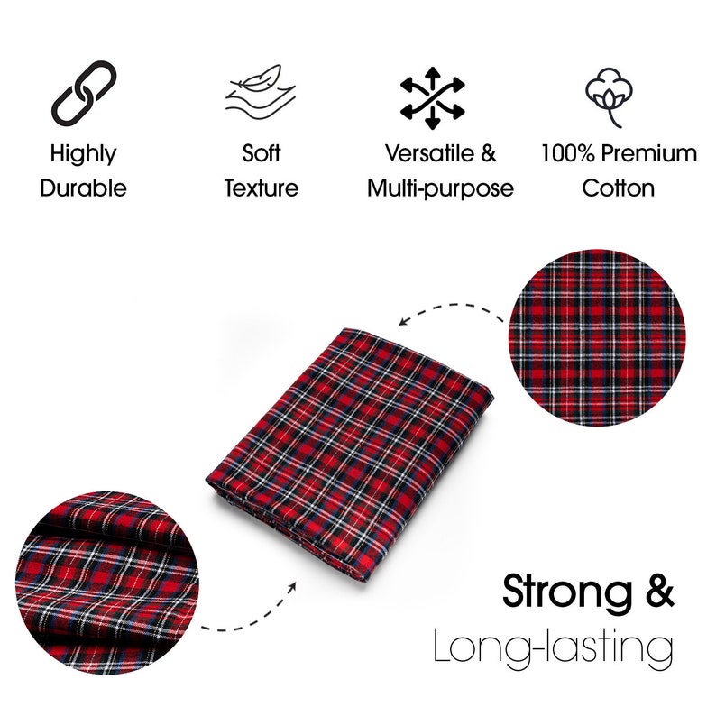 May include: Red and black plaid fabric with a soft texture. The fabric is durable and versatile, making it ideal for a variety of projects. It is made from 100% premium cotton.