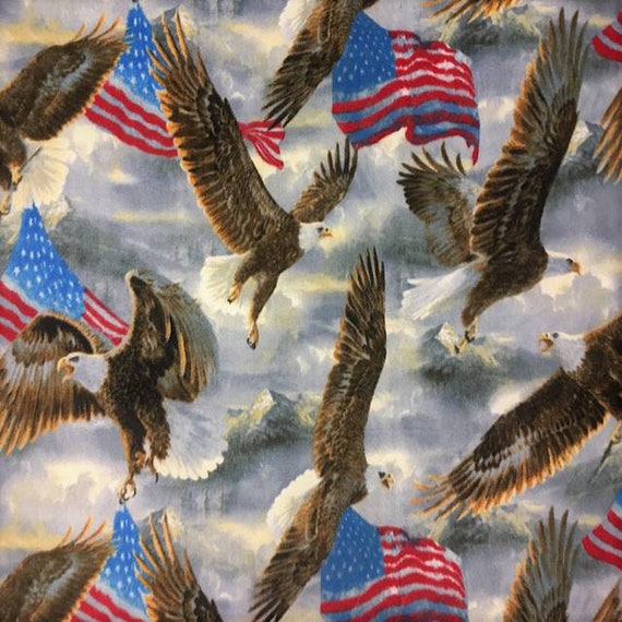 American Flag Eagles Patriotic Fleece Fabric - 60" Wide - 100% Polyester - Sold by the Yard - for No Sew Fleece Throws and Tie Blankets