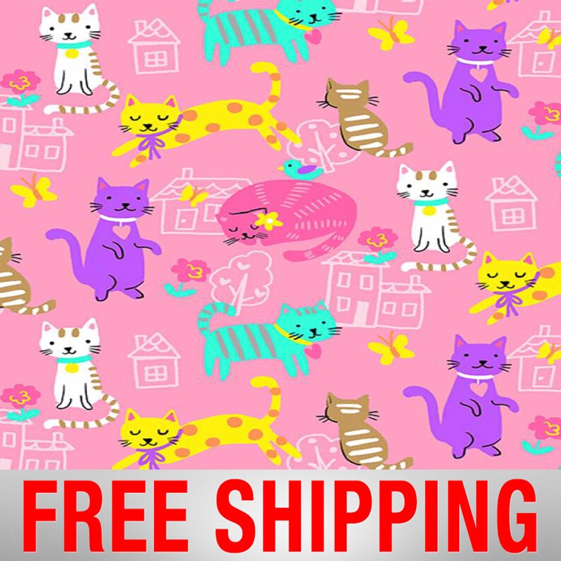 House Pet Cats Pink Fleece Fabric By The Yard 43429 Free Etsy