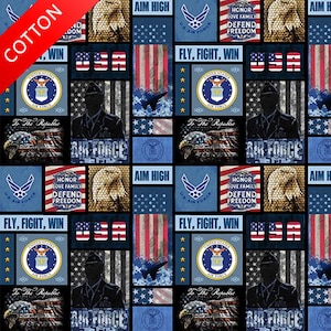 US Air Force Military Cotton Fabric - 44&quot; Wide - 100% Cotton - Sold by The Yard - for Veterans, Crafting, Quilting, Banners, Flags, Bandanas