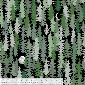 May include: A fabric pattern featuring a forest scene with various shades of green and gray trees against a black background. The design includes a full moon and a crescent moon. The image also includes a ruler along the bottom edge.