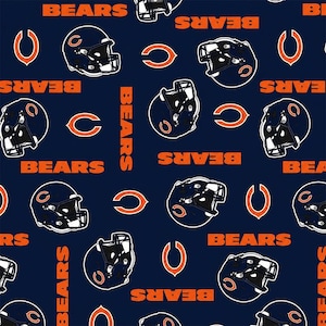 May include: Navy blue fabric with a repeating pattern of navy blue football helmets, orange "C" logos, and the word "BEARS" in orange. The design is a seamless pattern, suitable for various applications.