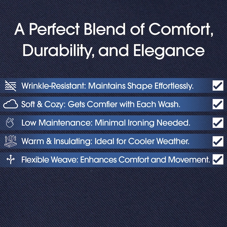 May include: A blue background with white text describing the benefits of a fabric. The text reads: "A Perfect Blend of Comfort, Durability, and Elegance" followed by five bullet points with icons: "Wrinkle-Resistant: Maintains Shape Effortlessly.", "Soft & Cozy: Gets Comfier with Each Wash.", "Low Maintenance: Minimal Ironing Needed.", "Warm & Insulating: Ideal for Cooler Weather.", "Flexible Weave: Enhances Comfort and Movement."