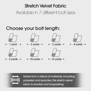 May include: A diagram showing different bolt lengths for stretch velvet fabric. The fabric is made from a blend of polyester and spandex. The lengths are 1 yard, 2 yards, 3 yards, 4 yards, 5 yards, 10 yards, and 15 yards.