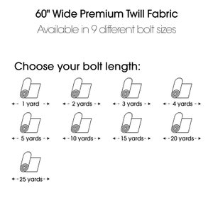 May include: A diagram showing the different bolt lengths available for 60 inch wide premium twill fabric. The lengths are 1, 2, 3, 4, 5, 10, 15, 20, and 25 yards.
