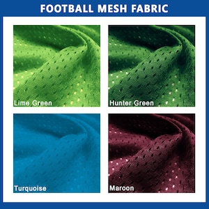 May include: Close-up of four swatches of football mesh fabric in different colors: lime green, hunter green, turquoise, and maroon.