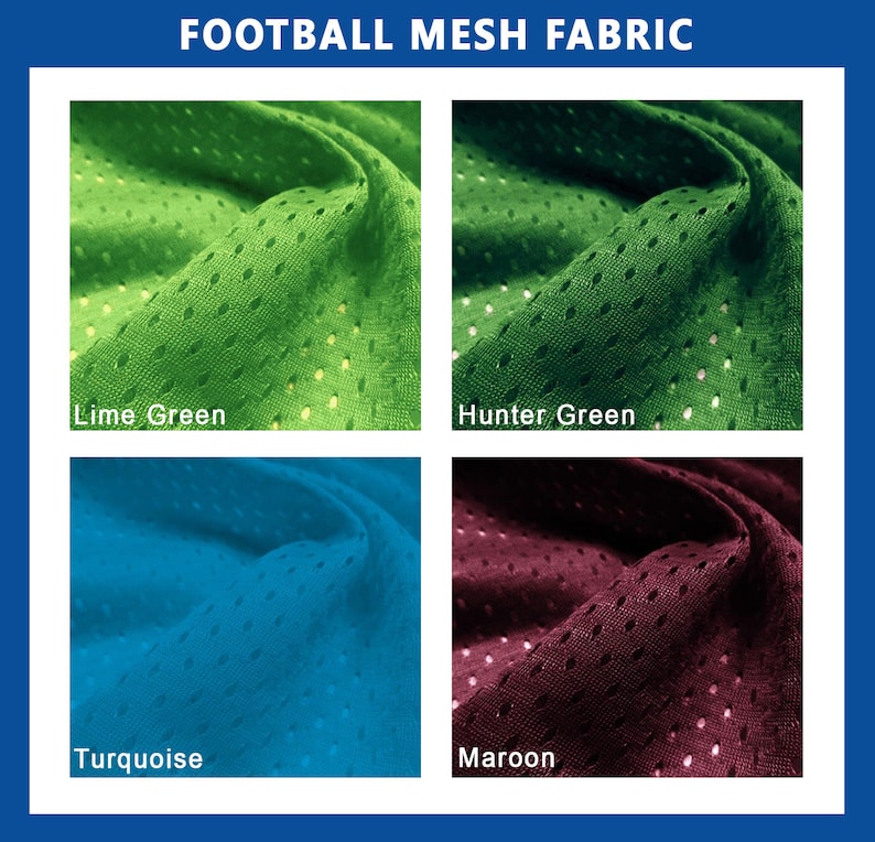 May include: Close-up of four swatches of football mesh fabric in different colors: lime green, hunter green, turquoise, and maroon.