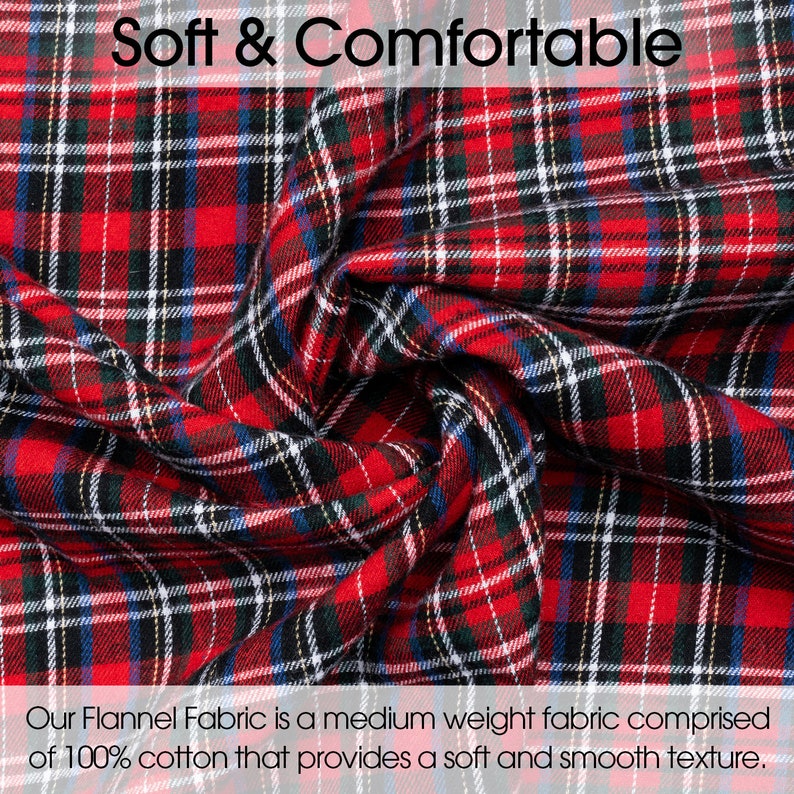 May include: Red and black plaid flannel fabric. The fabric is soft and comfortable, and is made of 100% cotton. "Our Flannel Fabric is a medium weight fabric comprised of 100% cotton that provides a soft and smooth texture."