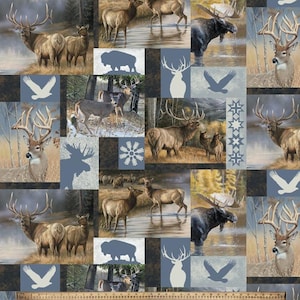Deer and Elk Patchwork Print Fleece Fabric - Sold by the Yard - Ideal for Sewing Projects, Scarves, No Sew Fleece Throws and Tie Blankets