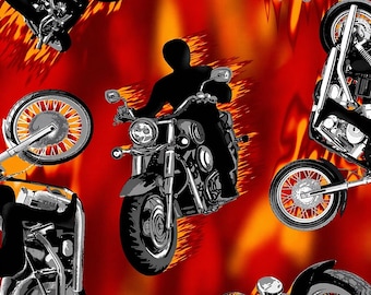 Flaming Motorcycles Choppers Fleece Fabric - 60" Wide - 100% Polyester - Sold by The Yard - for No Sew Fleece Throws and Tie Blankets