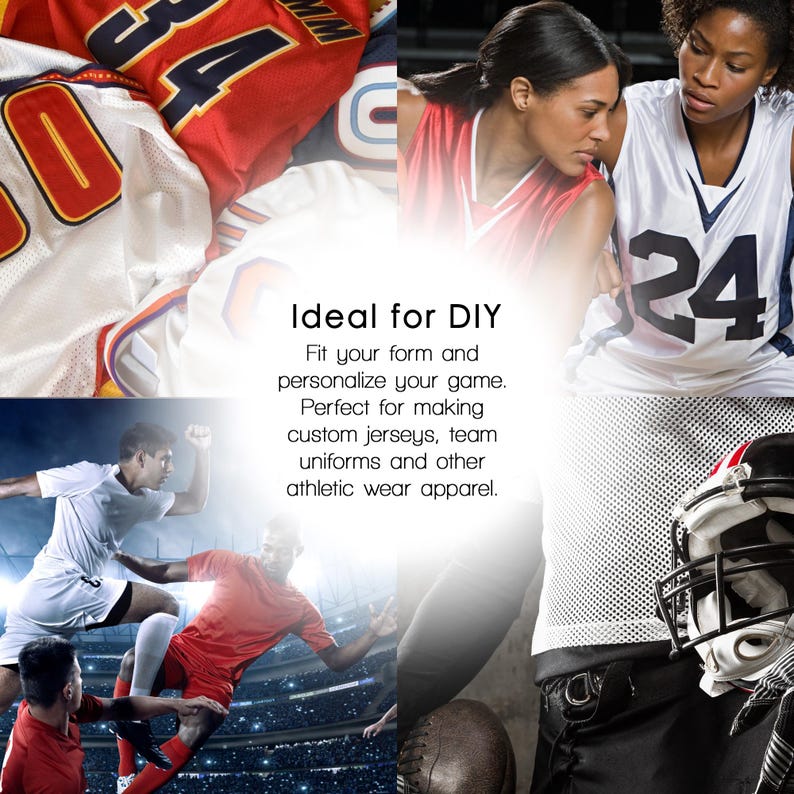 May include: White, red, and black mesh athletic jerseys with numbers. The text "Ideal for DIY" is in the center of the image. The text below reads "Fit your form and personalize your game. Perfect for making custom jerseys, team uniforms and other athletic wear apparel."