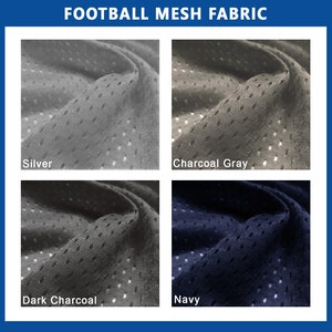 May include: Four samples of football mesh fabric in different colors: silver, charcoal gray, dark charcoal, and navy.