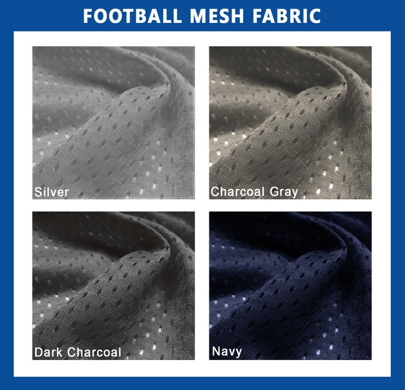 May include: Four samples of football mesh fabric in different colors: silver, charcoal gray, dark charcoal, and navy.