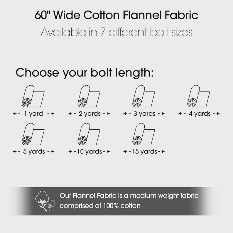May include: White graphic showing fabric bolts with text indicating 60" wide cotton flannel fabric. The image displays options for bolt lengths: 1, 2, 3, 4, 5, 10, and 15 yards. The text also states the fabric is medium weight and 100% cotton.