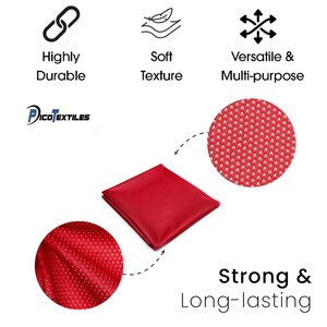 May include: Red fabric with a small white dot pattern. The fabric is soft, durable, and versatile. It is strong and long-lasting.