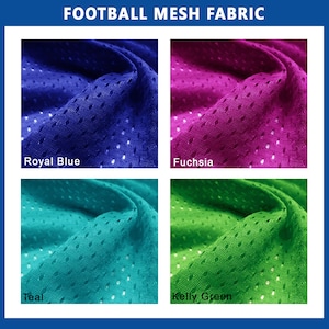 May include: Close-up of four swatches of football mesh fabric in different colors: royal blue, fuchsia, teal, and kelly green.