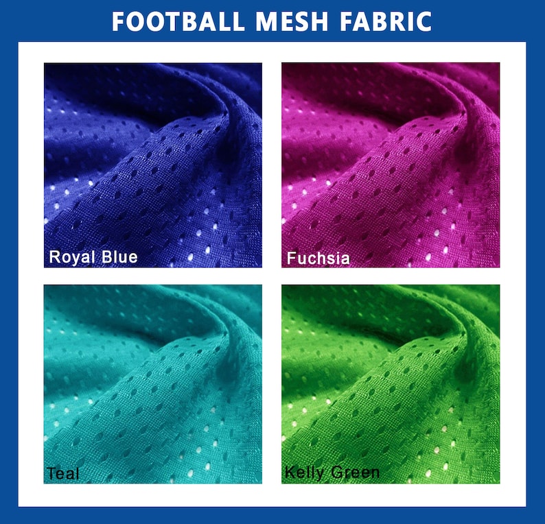 May include: Close-up of four swatches of football mesh fabric in different colors: royal blue, fuchsia, teal, and kelly green.