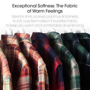 May include: A row of plaid flannel shirts in shades of red, green, and navy blue hang on white hangers. The text "Exceptional Softness: The Fabric of Warm Feelings" is at the top of the image.