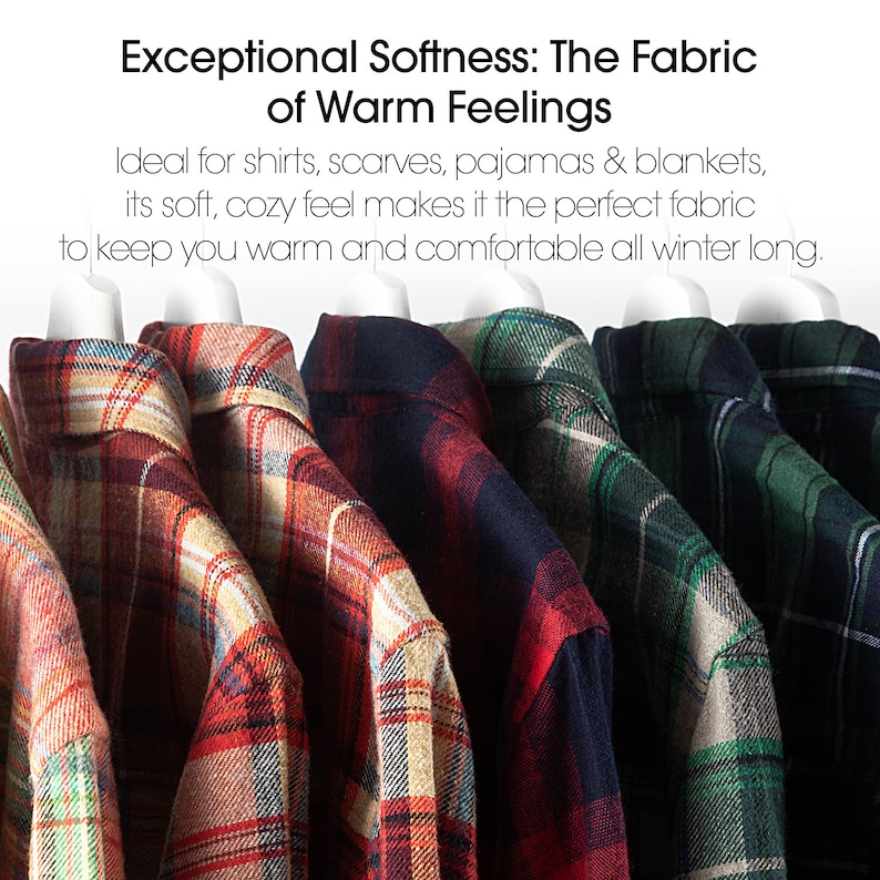 May include: A row of plaid flannel shirts in shades of red, green, and navy blue hang on white hangers. The text "Exceptional Softness: The Fabric of Warm Feelings" is at the top of the image.
