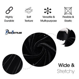 May include: Close-up of black velvet fabric showing its soft texture, stretch, and durability. The fabric is shown in a variety of folds and angles, highlighting its versatility.