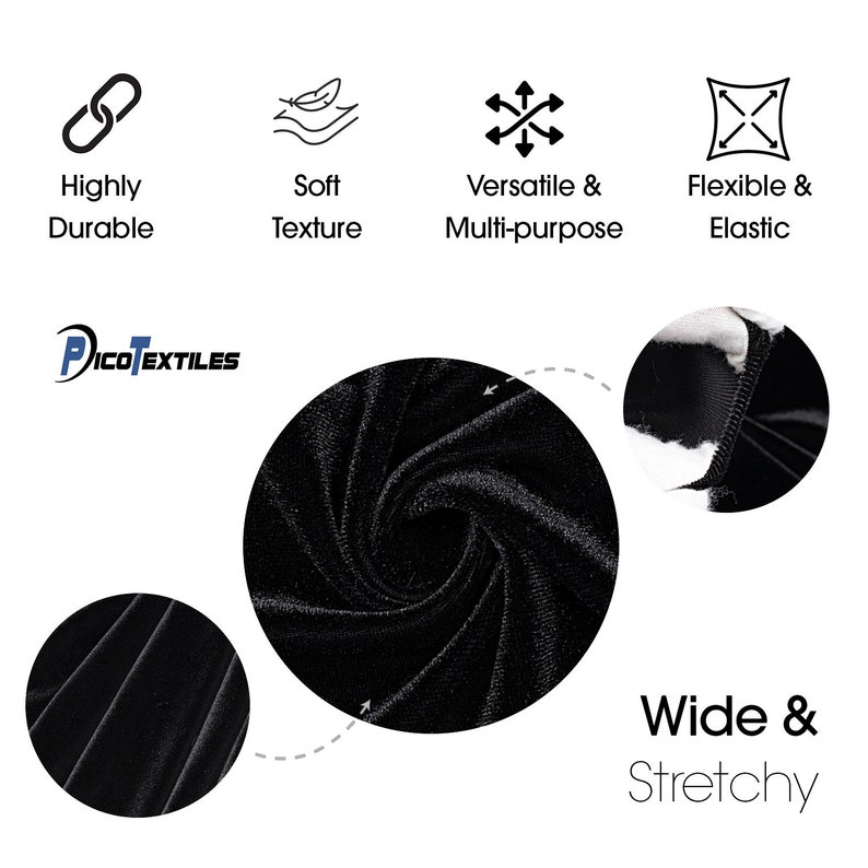 May include: Close-up of black velvet fabric showing its soft texture, stretch, and durability. The fabric is shown in a variety of folds and angles, highlighting its versatility.