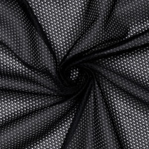 May include: Black mesh fabric with a small, repeating pattern of holes. The fabric is folded and draped, showing its texture and flexibility.