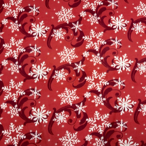 Red Snowflakes Fleece Fabric - 60" Wide - 100% Polyester - Sold by The Yard - for No Sew Fleece Throws and Tie Blankets