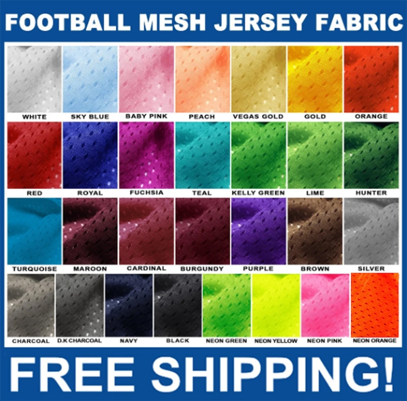 May include: A color chart of 20 different mesh jersey fabric swatches. The swatches are arranged in four rows of five. The colors include white, sky blue, baby pink, peach, Vegas gold, gold, orange, red, royal, fuchsia, teal, Kelly green, lime, hunter, turquoise, maroon, cardinal, burgundy, purple, brown, silver, charcoal, dark charcoal, navy, black, neon green, neon yellow, neon pink, and neon orange.